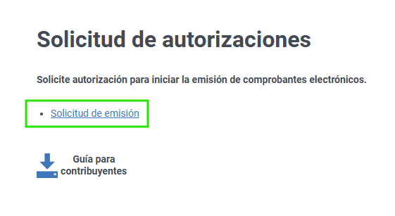 Pantalla de Solicitud de autorizaciones con la opción Solicitud de emisión resaltada