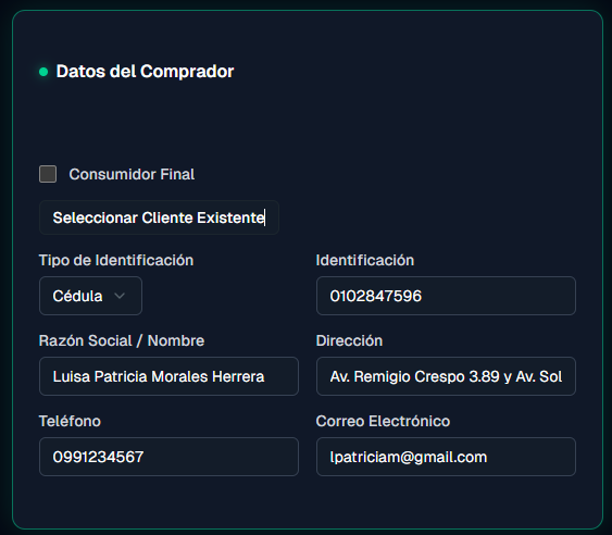 Sección Datos del Comprador con la casilla Consumidor Final desmarcada y los campos de identificación, razón social, dirección, teléfono y correo electrónico completados