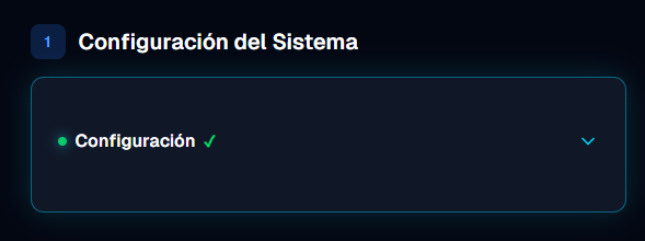 Sección Configuración del sistema colapsada mostrando un visto verde junto al título Configuración