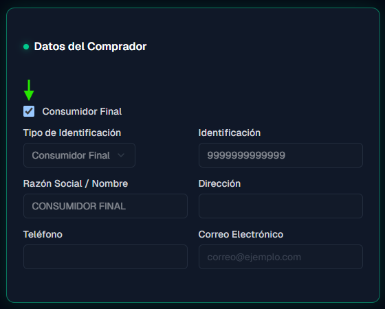 Sección Datos del Comprador con la casilla Consumidor Final marcada por defecto