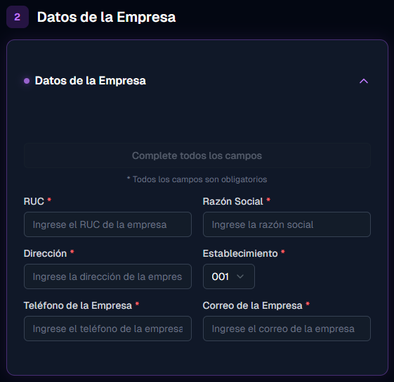 Sección Datos de la empresa mostrando los campos RUC, razón social, dirección, establecimiento, teléfono y correo