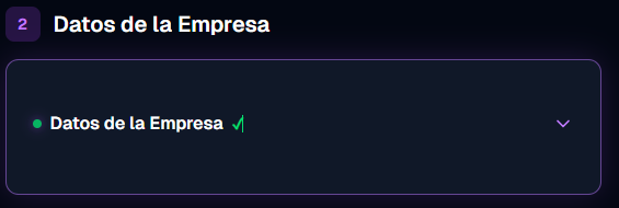 Sección Datos de la Empresa colapsada mostrando un visto verde junto al título indicando que se guardó correctamente