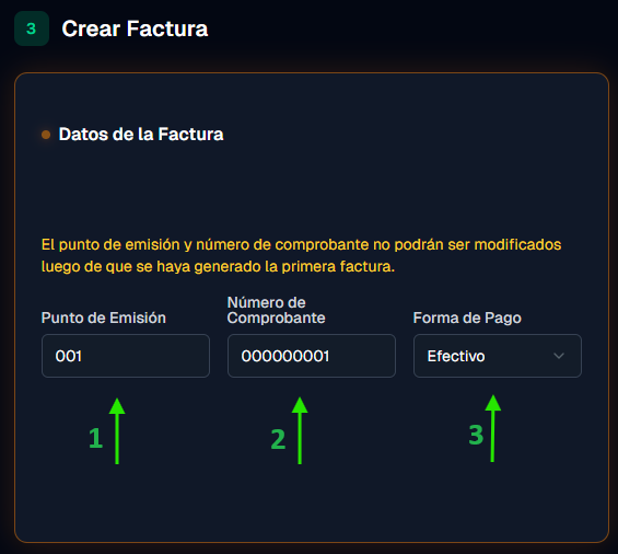 Sección Datos de la factura mostrando los campos Punto de Emisión, Número de Comprobante y Forma de Pago