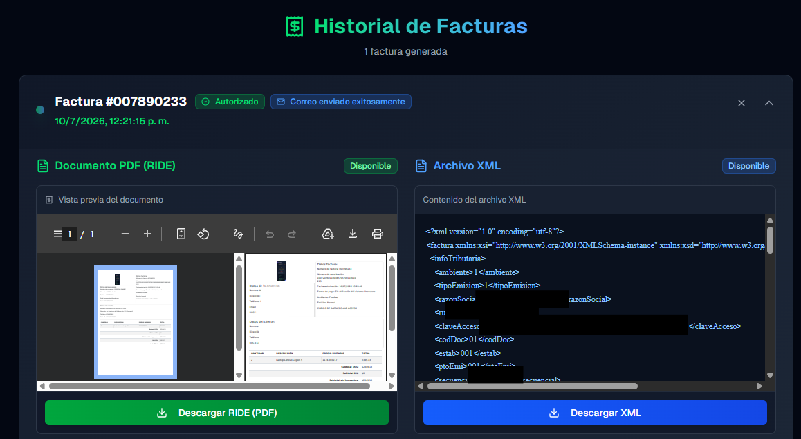 Sección Historial de Facturas mostrando la factura #000789023 autorizada, con opciones para descargar el PDF (RIDE) y XML, incluyendo vista previa del documento