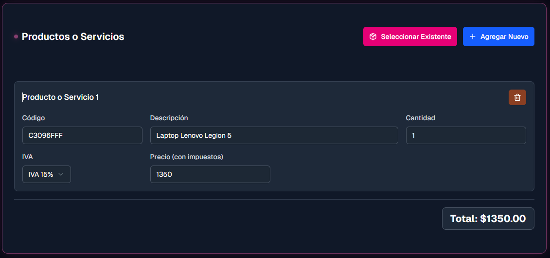 Formulario para agregar un producto con los campos Código, Descripción, Cantidad, IVA y Precio