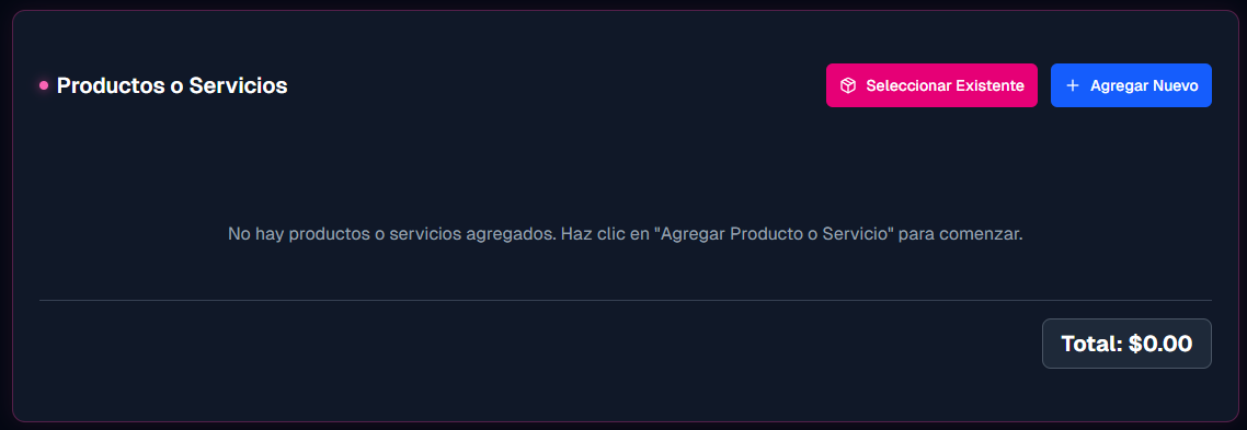Sección Productos o Servicios mostrando los botones 'Seleccionar Existente' y 'Agregar Nuevo' para gestionar productos en la factura