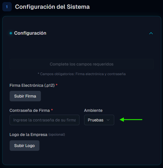 Sección Configuración del sistema con el selector Ambiente resaltado en Pruebas