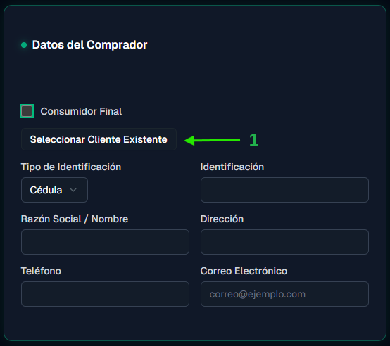 Sección Datos del Comprador mostrando el botón 'Seleccionar Cliente Existente' para buscar y reutilizar clientes guardados