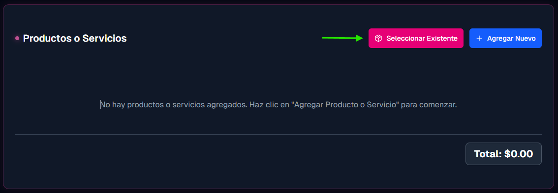 Sección Productos o Servicios mostrando el botón 'Seleccionar Existente' resaltado para buscar y reutilizar productos guardados