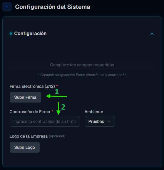 Sección Configuración del sistema mostrando el botón Subir Firma y el campo Contraseña de Firma