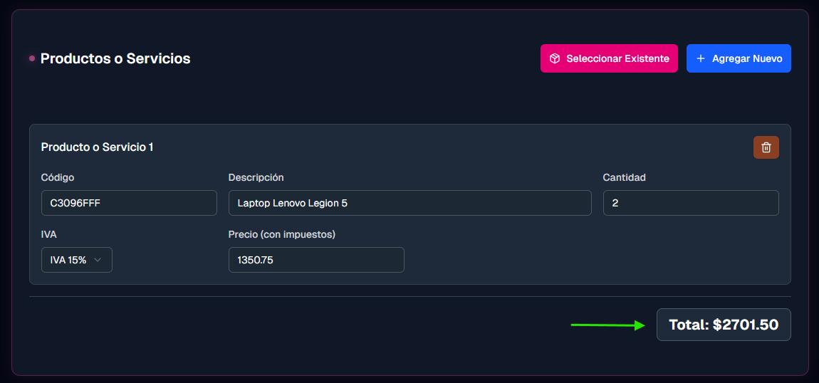 Sección de Productos mostrando un producto agregado (Laptop Lenovo Legion 5) con cantidad 2, IVA 15%, precio y el total de $2701.50